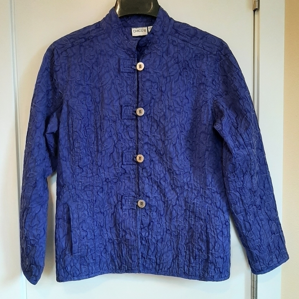 Chico's Textured Blazer Jacket Royal Blue Women's Medium Mandarin Collar Coastal